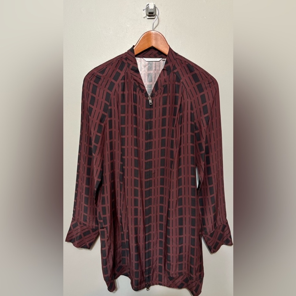 Elaine Kim Burgundy & Black Patterned Long Sleeve Shirtdress 100% Silk NWOT!!